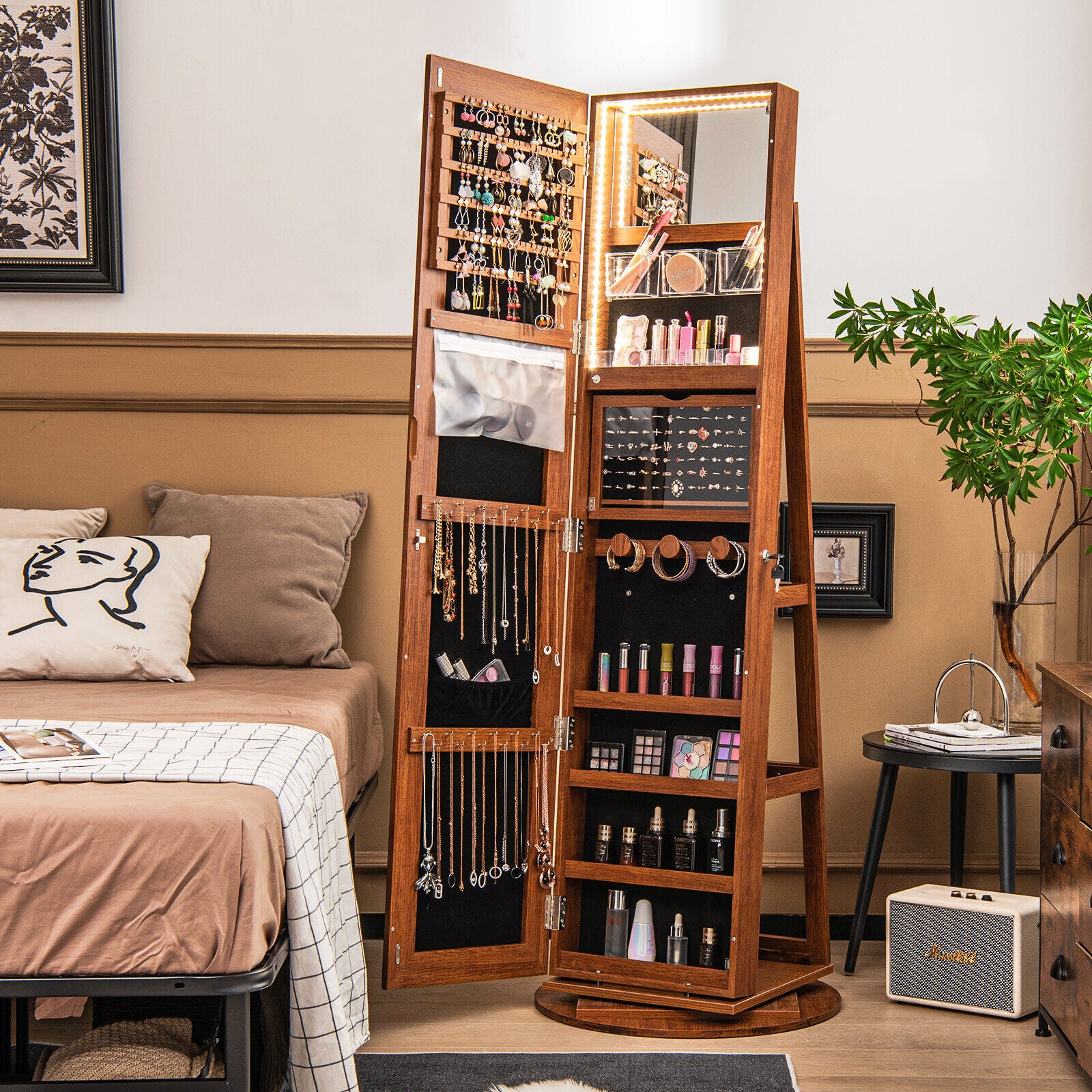 360° Rotating Mirrored Jewelry Cabinet Armoire 3 Color LED Modes Lockable, Dark Brown Jewelry Armoires at Gallery Canada