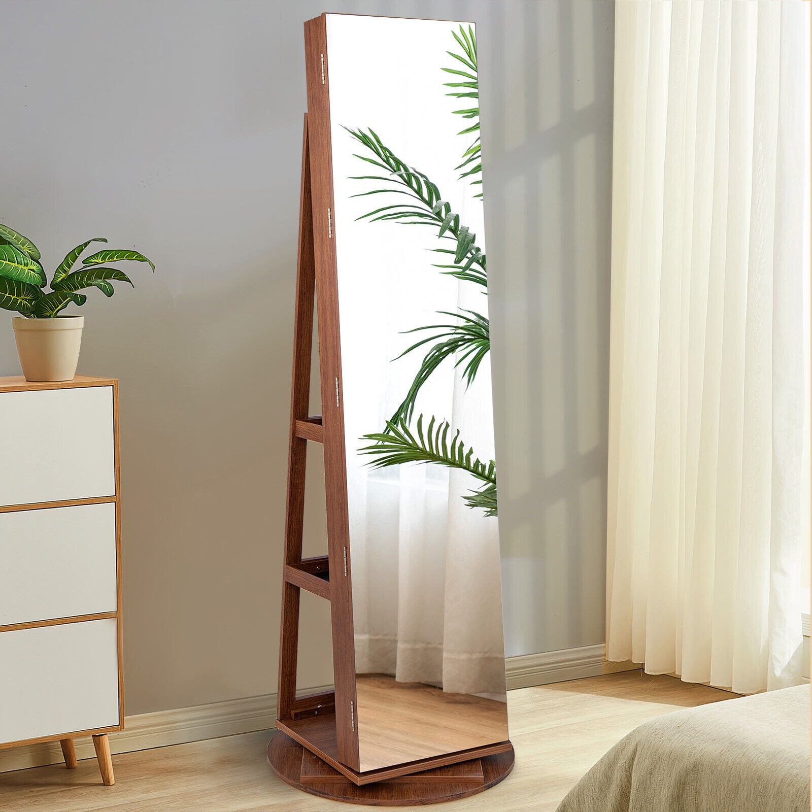 360° Rotating Mirrored Jewelry Cabinet Armoire 3 Color LED Modes Lockable, Dark Brown Jewelry Armoires at Gallery Canada