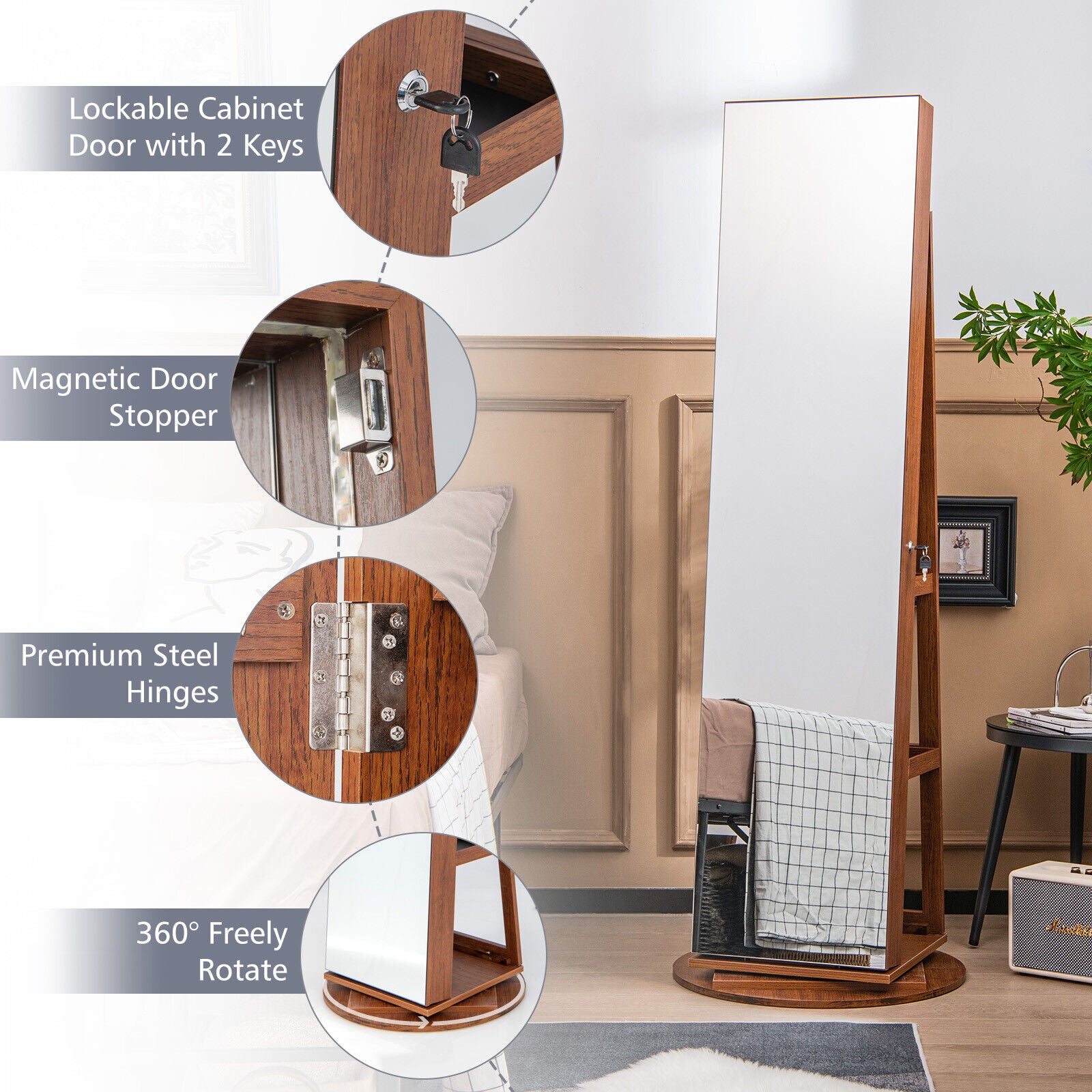 360° Rotating Mirrored Jewelry Cabinet Armoire 3 Color LED Modes Lockable, Dark Brown Jewelry Armoires at Gallery Canada