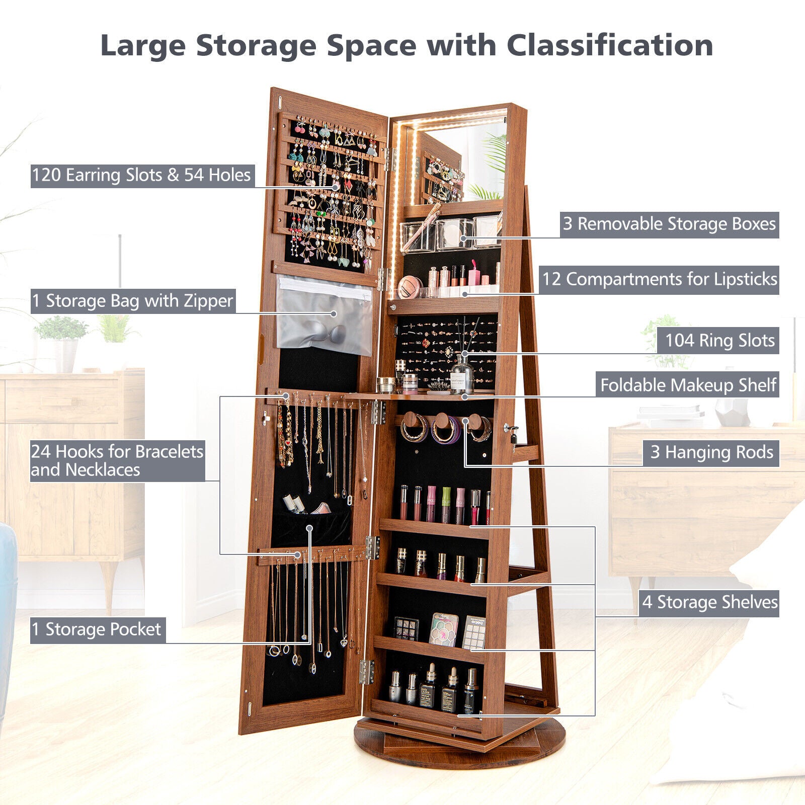 360° Rotating Mirrored Jewelry Cabinet Armoire 3 Color LED Modes Lockable, Dark Brown Jewelry Armoires at Gallery Canada