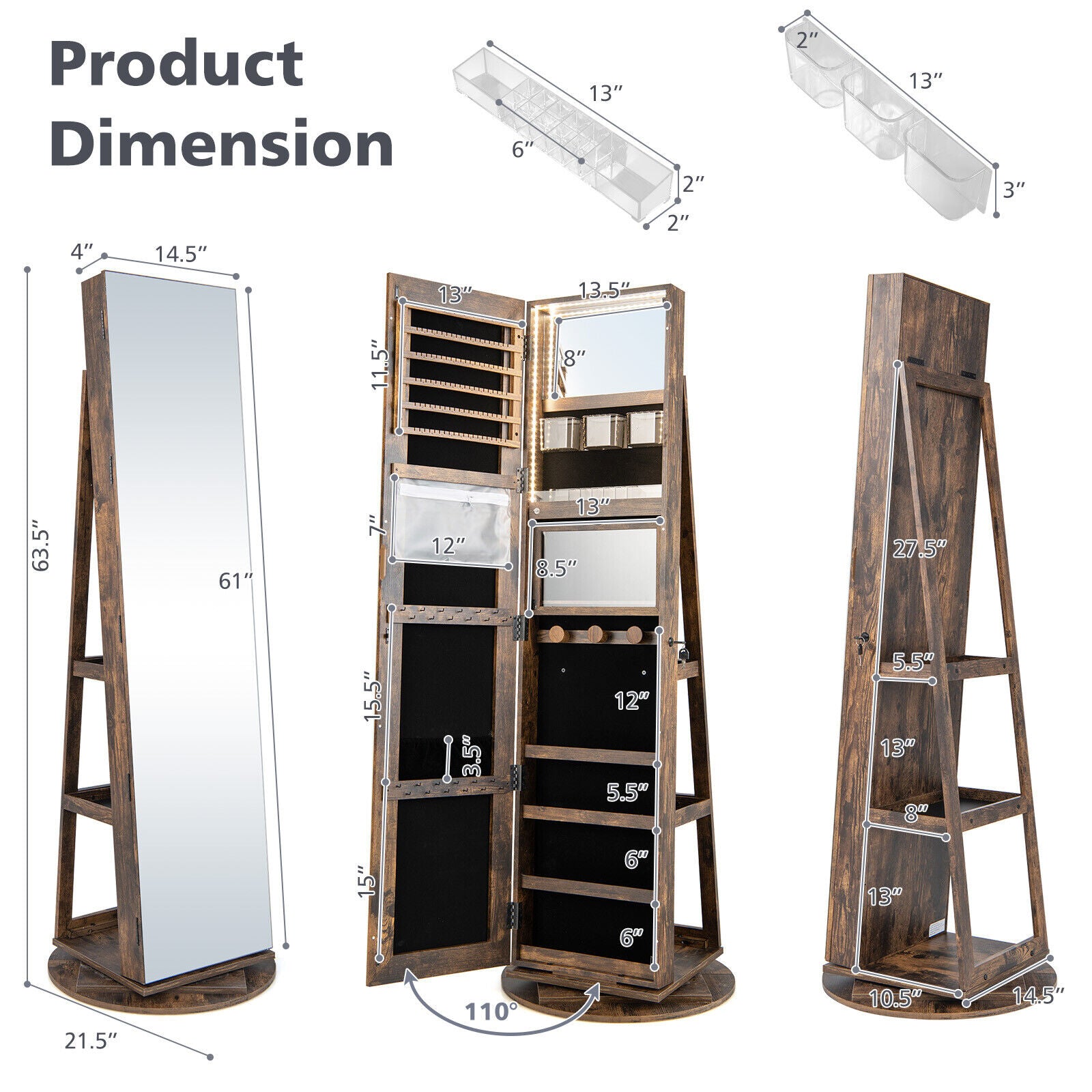360° Rotating Mirrored Jewelry Cabinet Armoire 3 Color LED Modes Lockable, Brown Jewelry Armoires at Gallery Canada