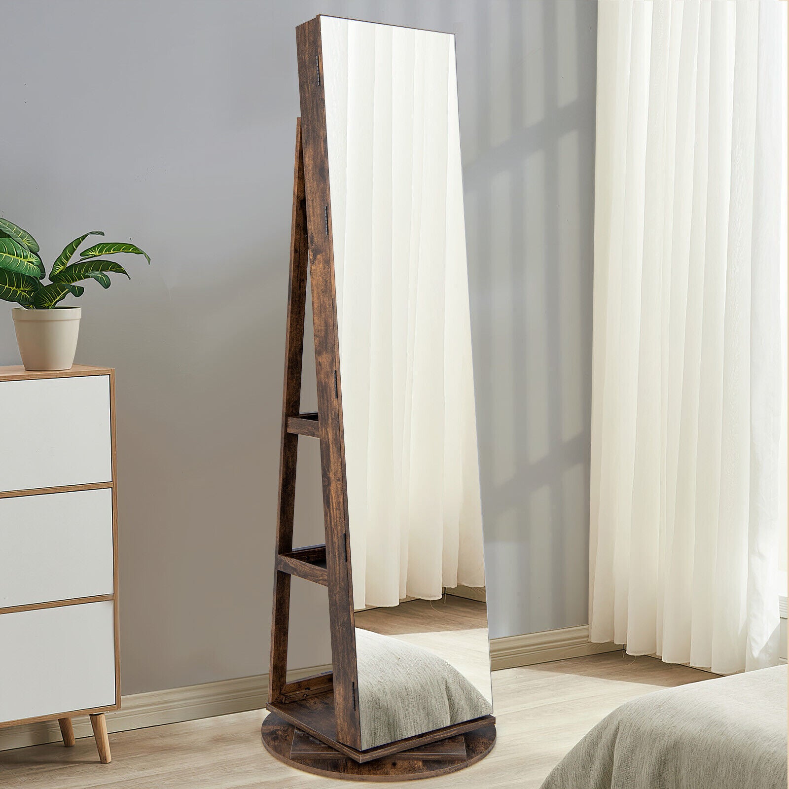 360° Rotating Mirrored Jewelry Cabinet Armoire 3 Color LED Modes Lockable, Brown Jewelry Armoires at Gallery Canada