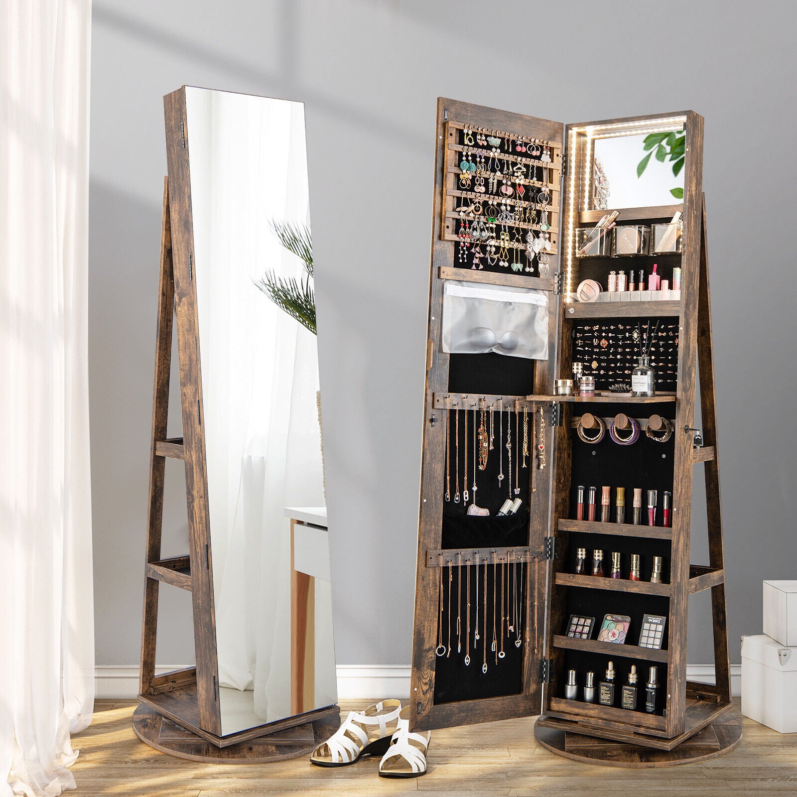 360° Rotating Mirrored Jewelry Cabinet Armoire 3 Color LED Modes Lockable, Brown Jewelry Armoires at Gallery Canada