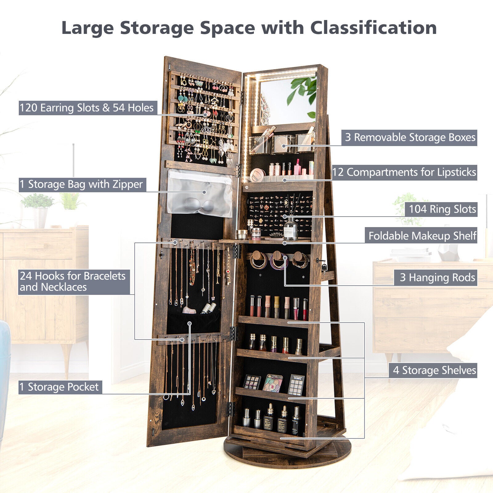 360° Rotating Mirrored Jewelry Cabinet Armoire 3 Color LED Modes Lockable, Brown Jewelry Armoires at Gallery Canada