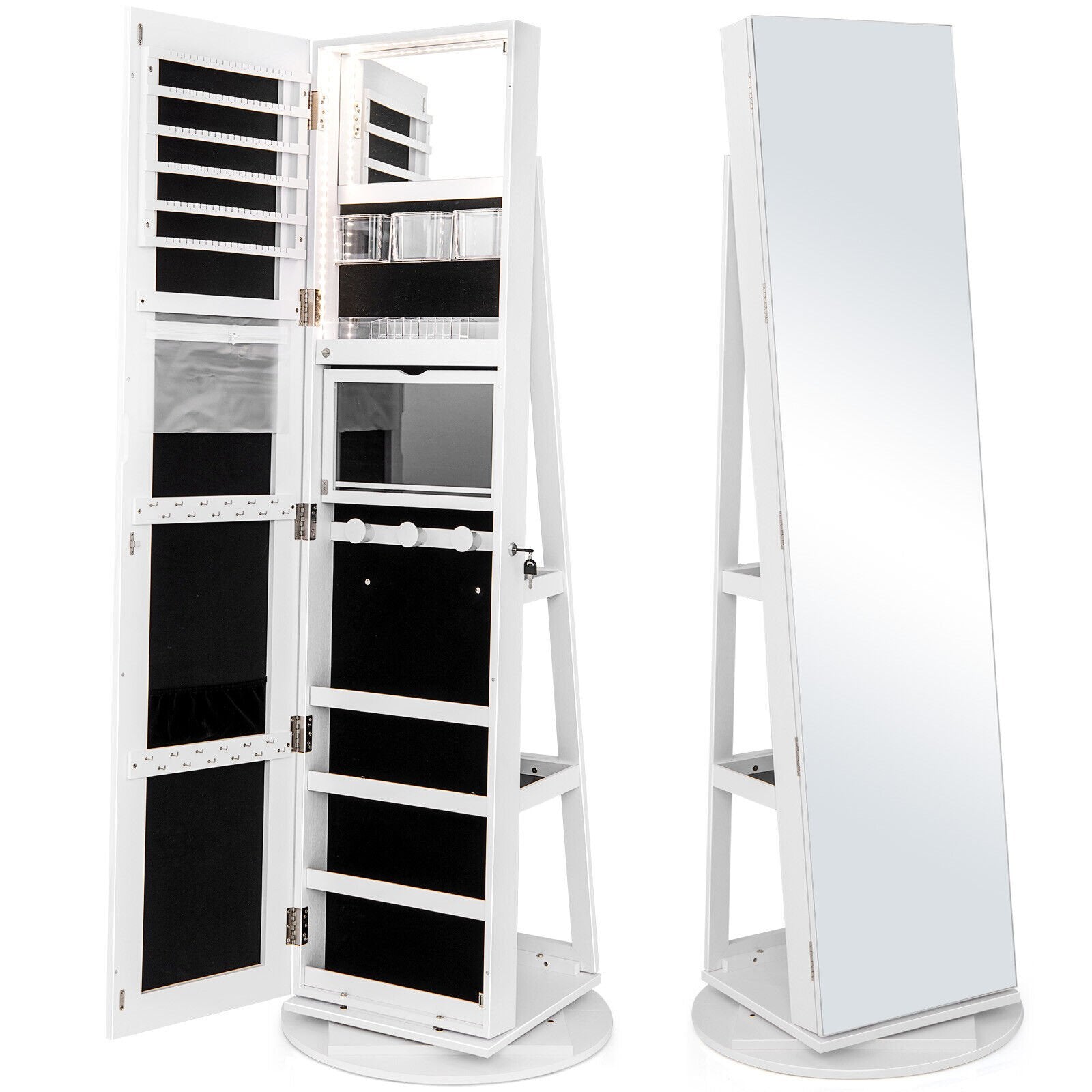 360° Rotating Mirrored Jewelry Cabinet Armoire 3 Color LED Modes Lockable, White Jewelry Armoires White at Gallery Canada