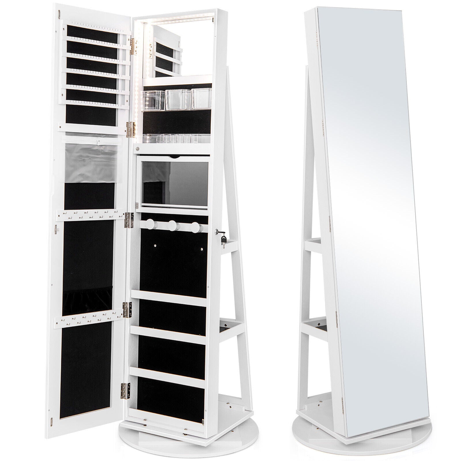 360° Rotating Mirrored Jewelry Cabinet Armoire 3 Color LED Modes Lockable, White Jewelry Armoires at Gallery Canada