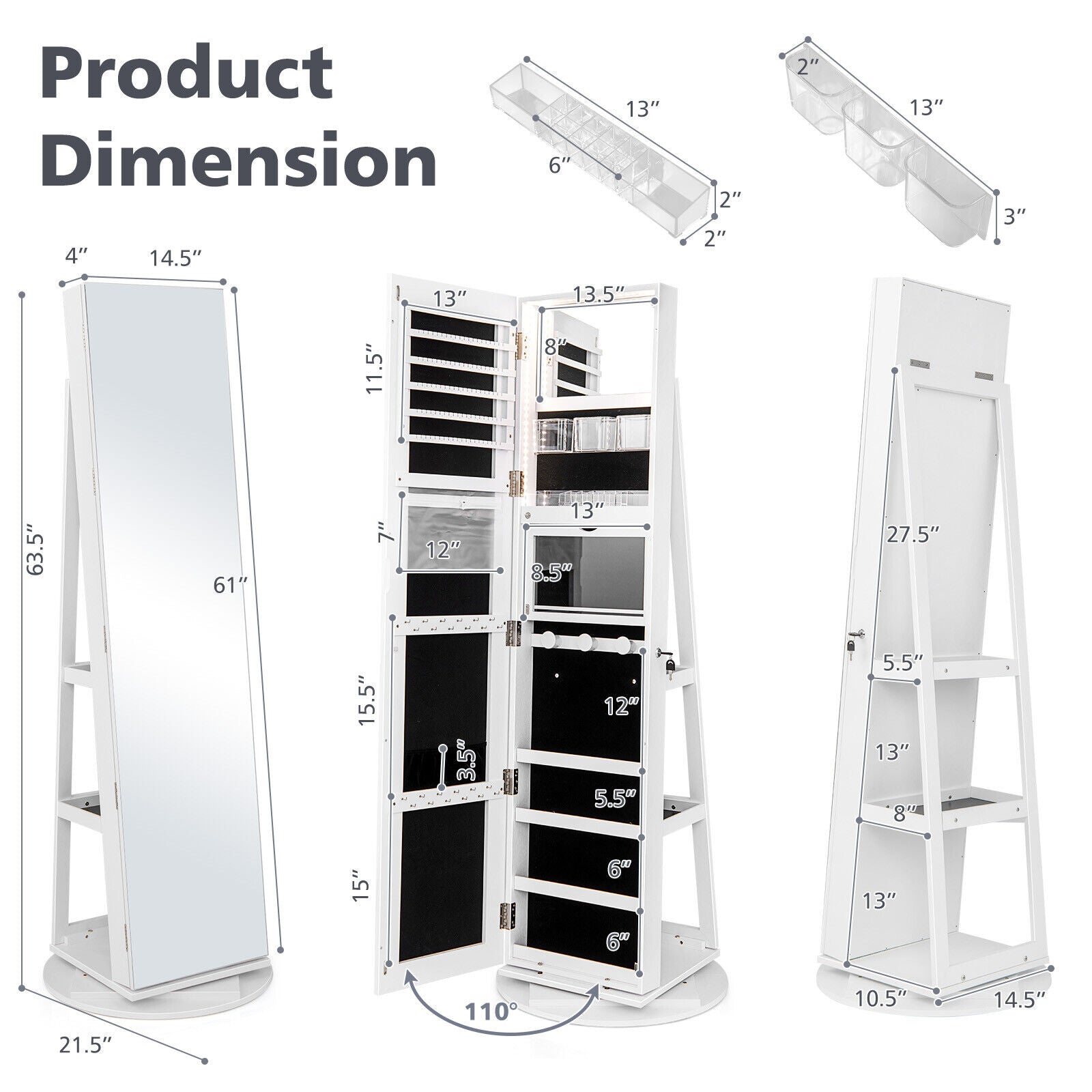 360° Rotating Mirrored Jewelry Cabinet Armoire 3 Color LED Modes Lockable, White Jewelry Armoires at Gallery Canada