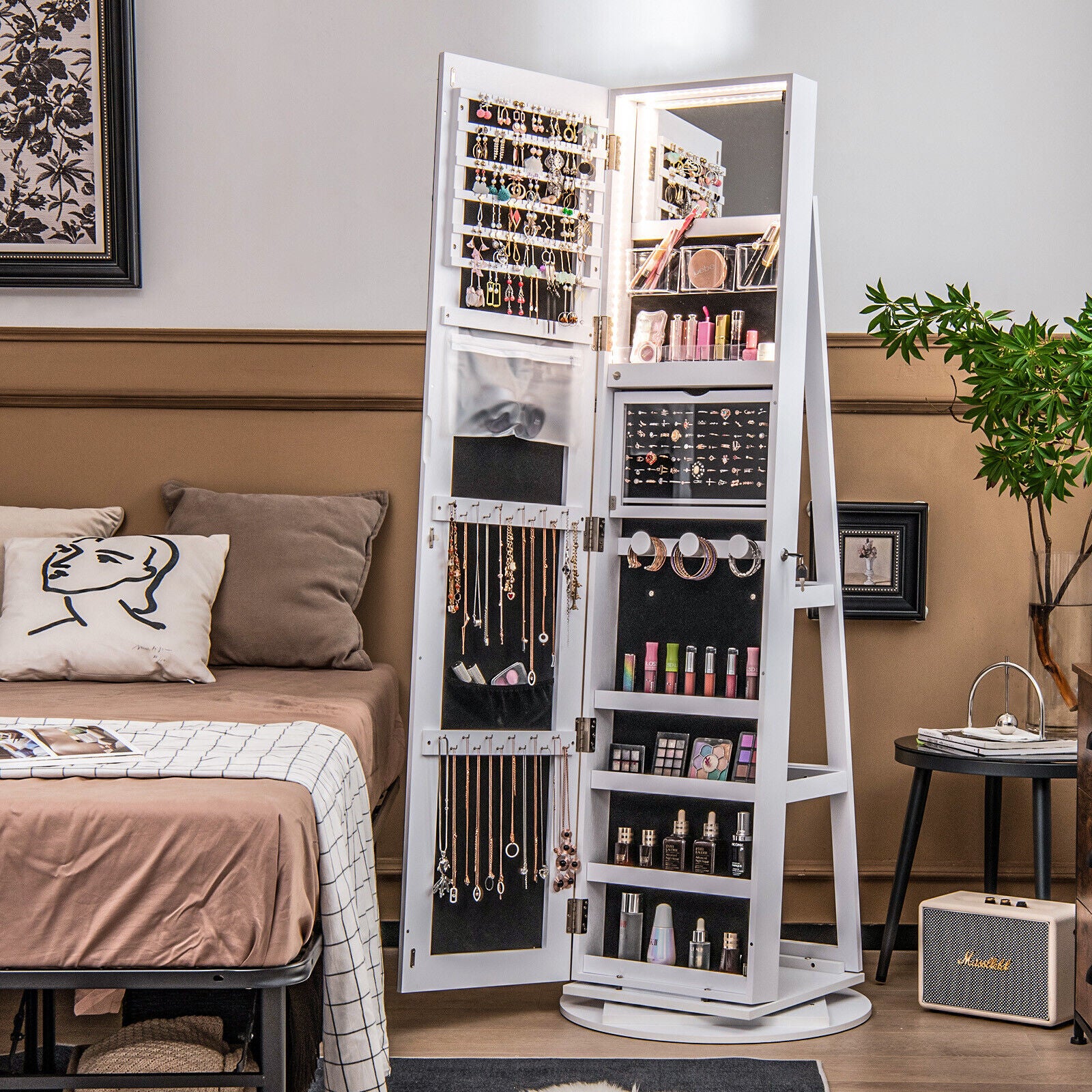 360° Rotating Mirrored Jewelry Cabinet Armoire 3 Color LED Modes Lockable, White Jewelry Armoires at Gallery Canada