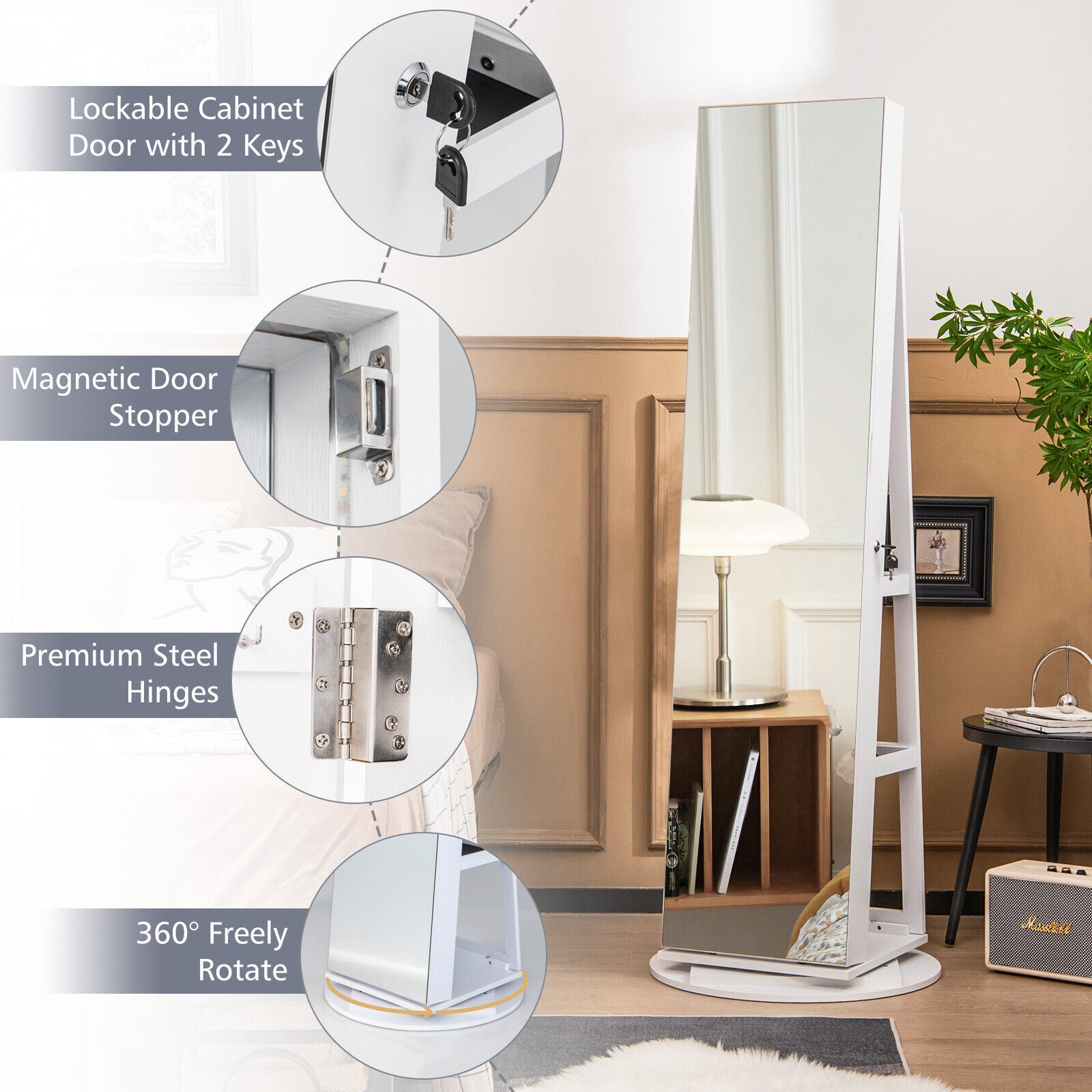 360° Rotating Mirrored Jewelry Cabinet Armoire 3 Color LED Modes Lockable, White Jewelry Armoires at Gallery Canada