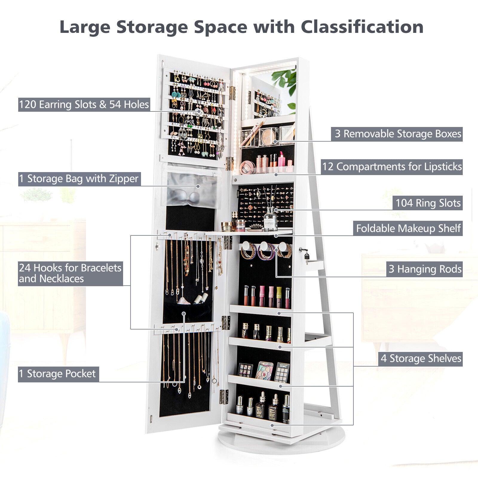 360° Rotating Mirrored Jewelry Cabinet Armoire 3 Color LED Modes Lockable, White Jewelry Armoires at Gallery Canada