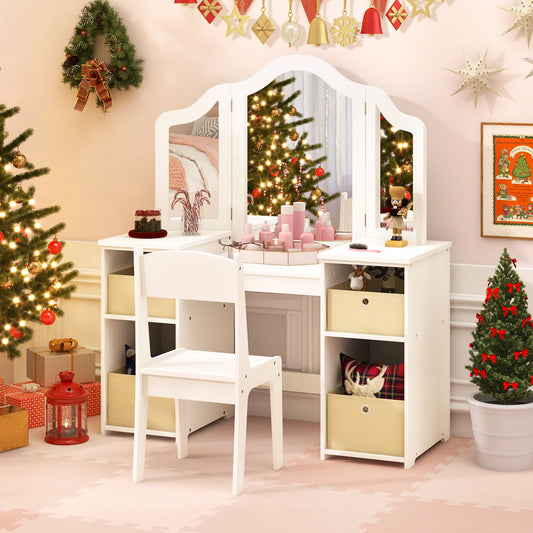 Kids Vanity Table and Chair Set with Removable Mirrors and 4 Storage Bins, White - Gallery Canada