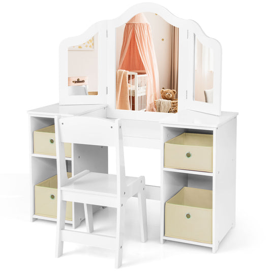 Kids Vanity Table and Chair Set with Removable Mirrors and 4 Storage Bins, White - Gallery Canada