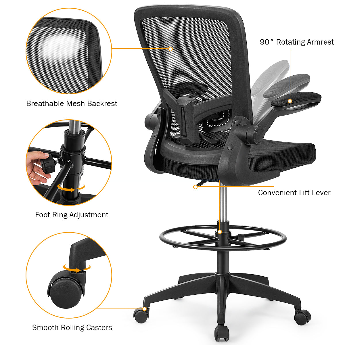 Height Adjustable Drafting Chair with Flip Up Arms, Black Mesh Chairs   at Gallery Canada