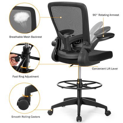 Height Adjustable Drafting Chair with Flip Up Arms, Black Mesh Chairs   at Gallery Canada