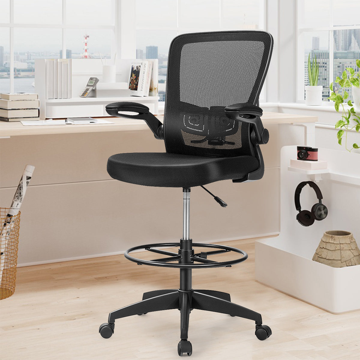 Height Adjustable Drafting Chair with Flip Up Arms, Black Mesh Chairs   at Gallery Canada