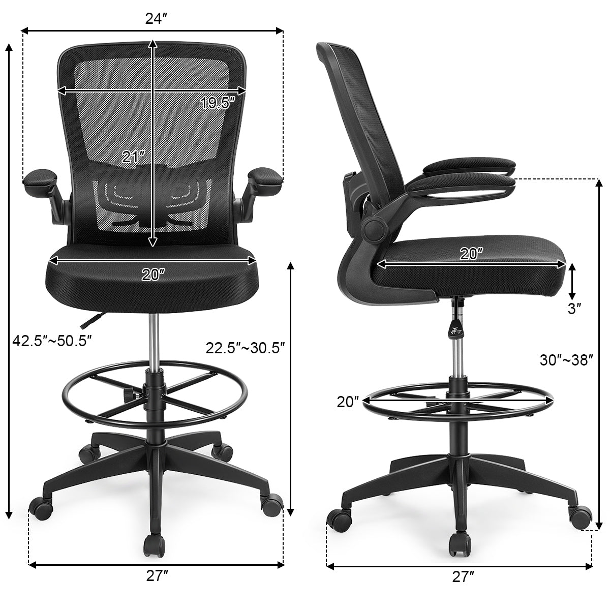 Height Adjustable Drafting Chair with Flip Up Arms, Black Mesh Chairs   at Gallery Canada