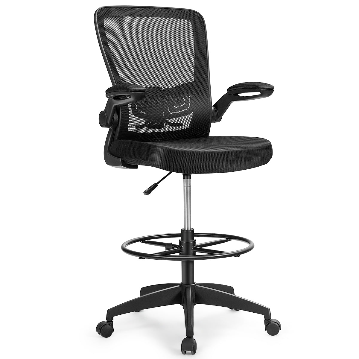 Height Adjustable Drafting Chair with Flip Up Arms, Black Mesh Chairs Black  at Gallery Canada