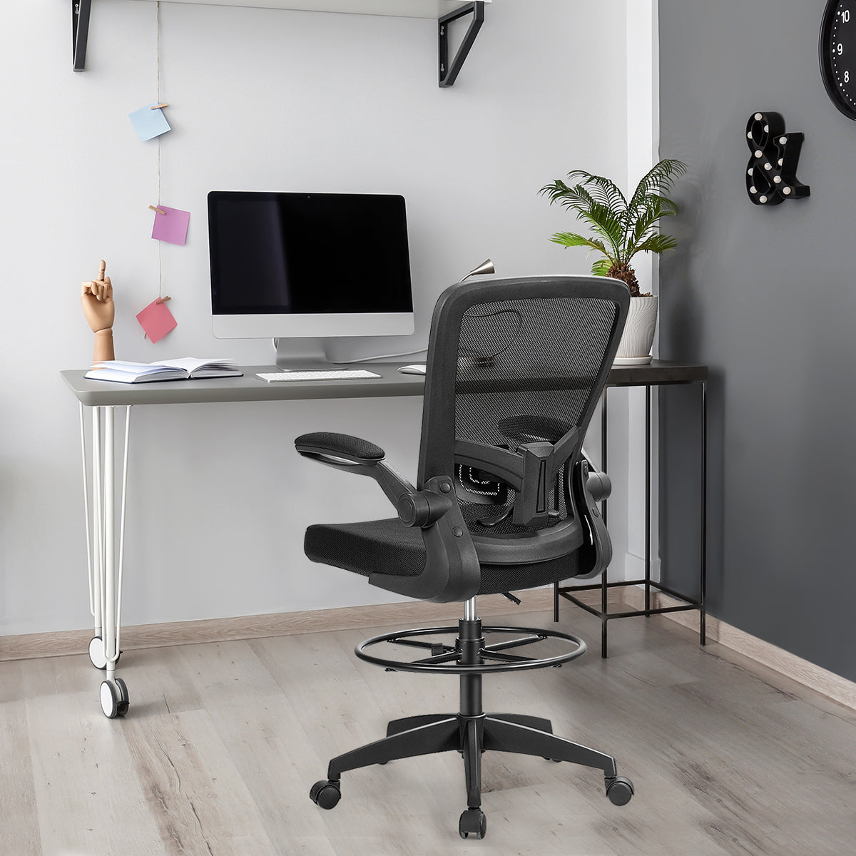 Height Adjustable Drafting Chair with Flip Up Arms, Black Mesh Chairs   at Gallery Canada