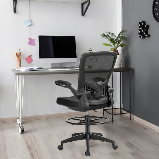 Height Adjustable Drafting Chair with Flip Up Arms, Black Mesh Chairs Black  at Gallery Canada