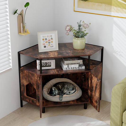 Corner Cat Litter Box Enclosure with Open Shelf 2 Entrances and Metal Legs, Rustic Brown - Gallery Canada