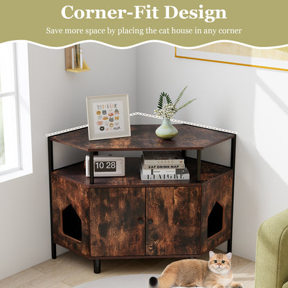 Corner Cat Litter Box Enclosure with Open Shelf 2 Entrances and Metal Legs, Rustic Brown Cat Houses   at Gallery Canada