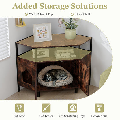 Corner Cat Litter Box Enclosure with Open Shelf 2 Entrances and Metal Legs, Rustic Brown Cat Houses   at Gallery Canada