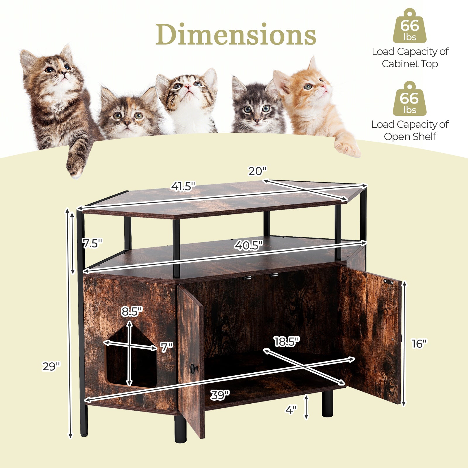 Corner Cat Litter Box Enclosure with Open Shelf 2 Entrances and Metal Legs, Rustic Brown Cat Houses   at Gallery Canada