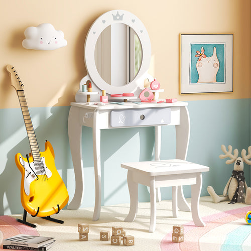 Kids 2-in-1 Princess Makeup Table and Chair Set with Removable Mirror, White