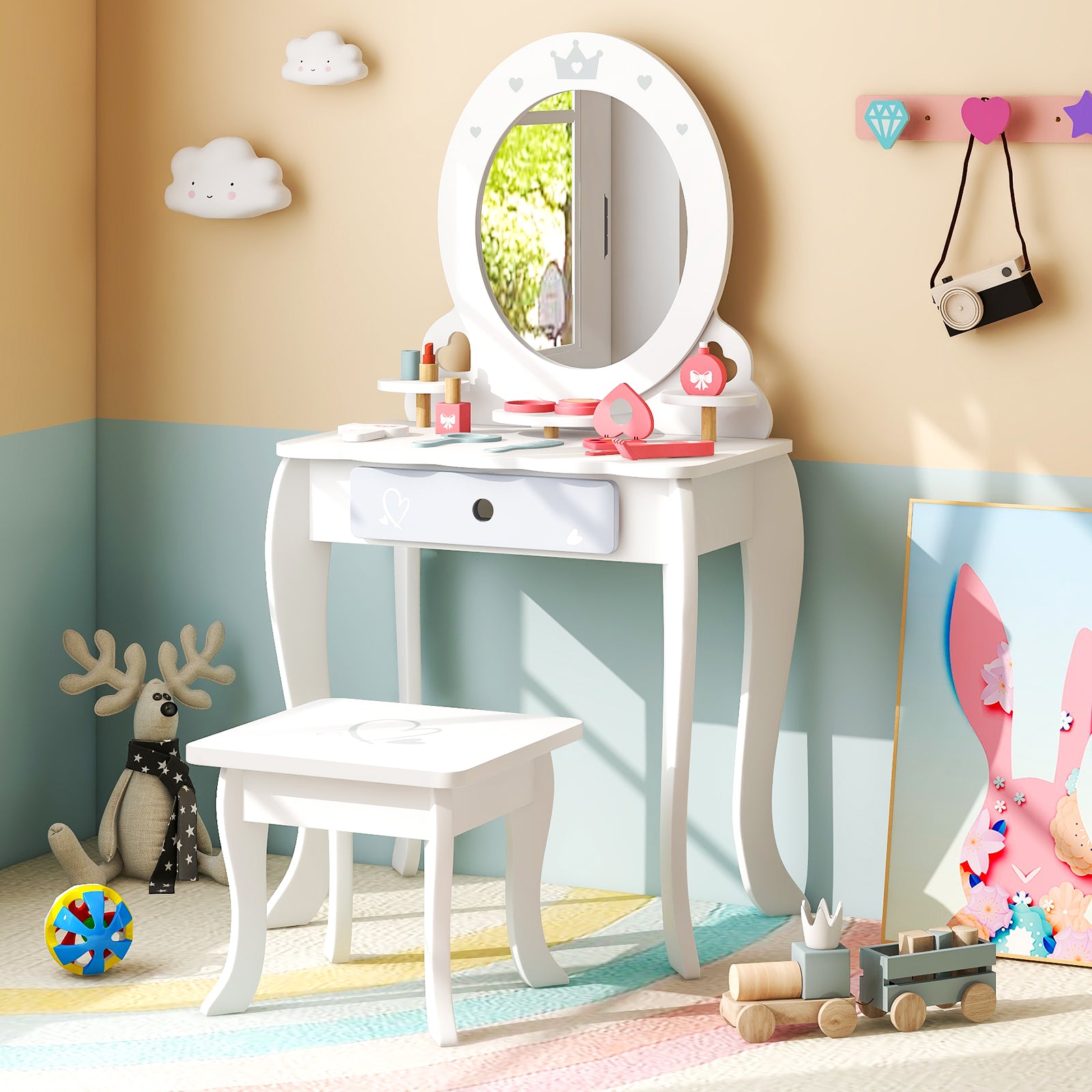 Kids 2-in-1 Princess Makeup Table and Chair Set with Removable Mirror, White Kids Vanities at Gallery Canada