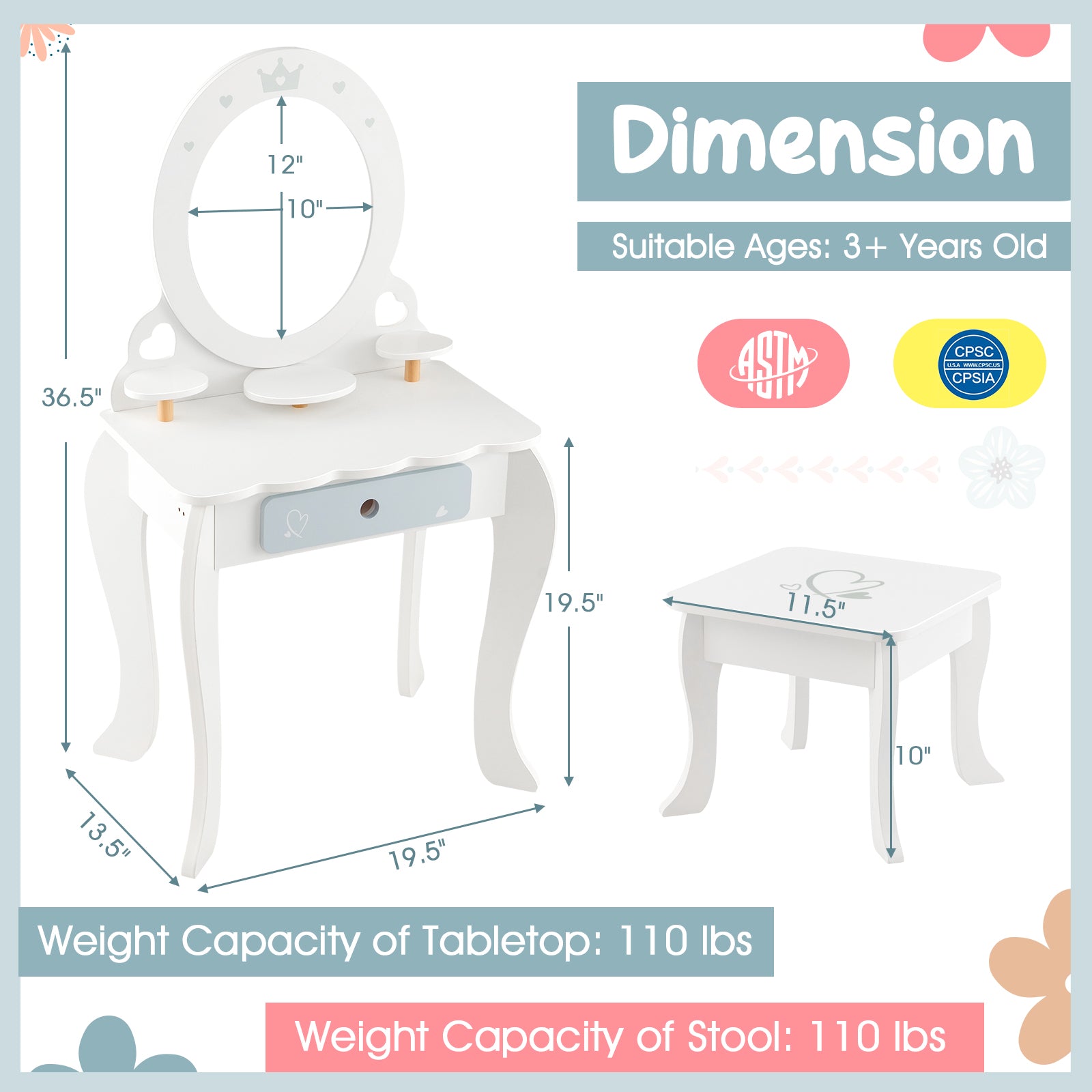 Kids 2-in-1 Princess Makeup Table and Chair Set with Removable Mirror, White Kids Vanities at Gallery Canada