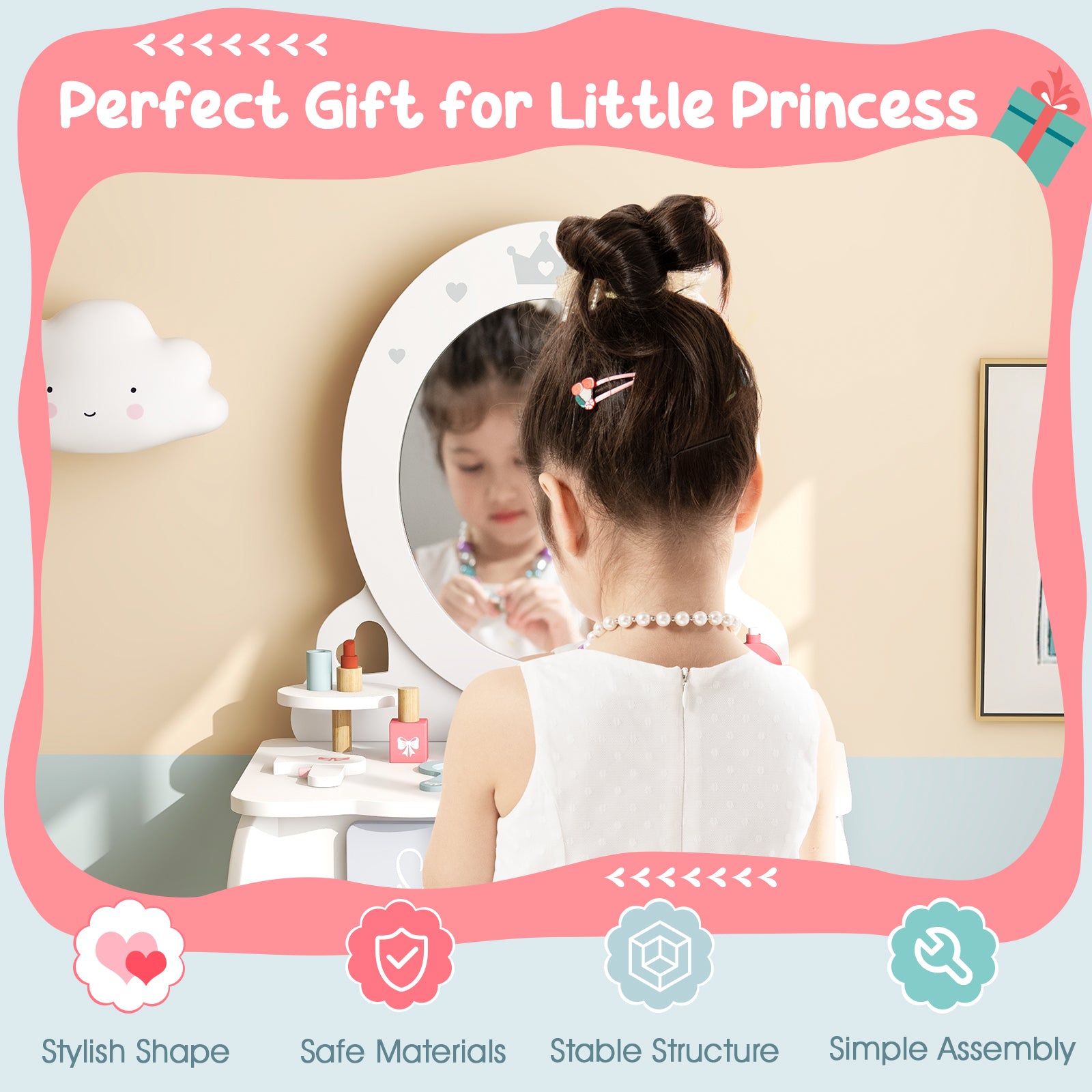 Kids 2-in-1 Princess Makeup Table and Chair Set with Removable Mirror, White Kids Vanities at Gallery Canada