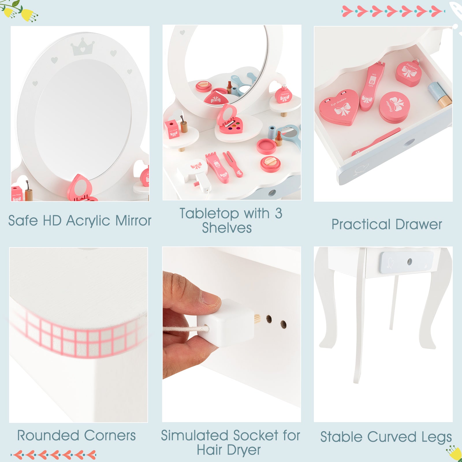 Kids 2-in-1 Princess Makeup Table and Chair Set with Removable Mirror, White Kids Vanities at Gallery Canada