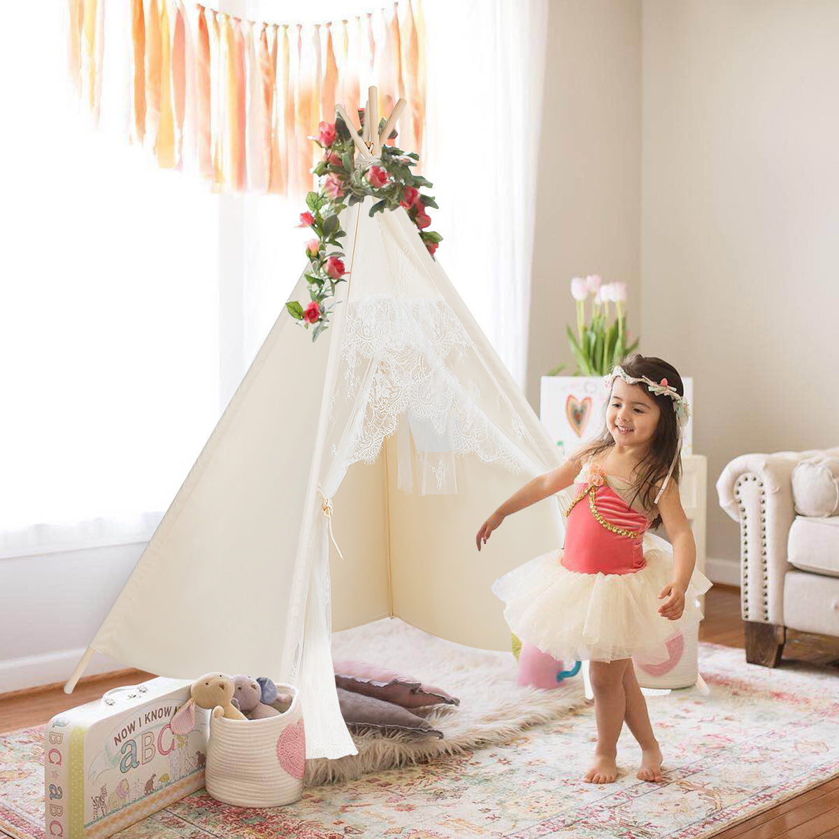 Kids Lace Teepee Tent Folding Children Playhouse with Bag Play Tents & Playhouse   at Gallery Canada