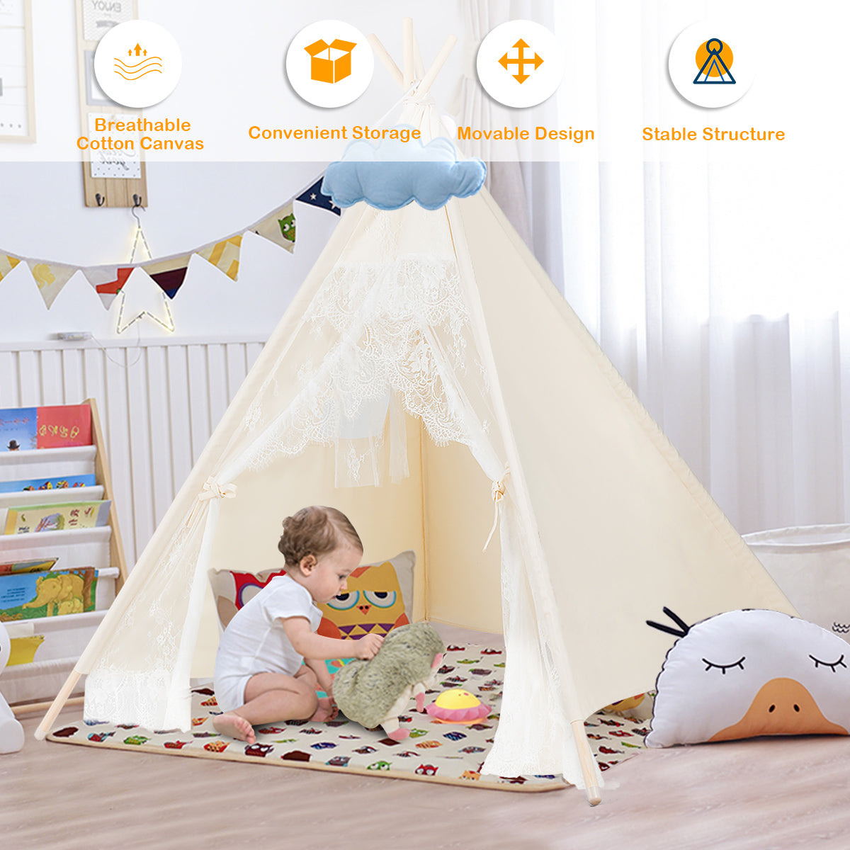 Kids Lace Teepee Tent Folding Children Playhouse with Bag Play Tents & Playhouse   at Gallery Canada