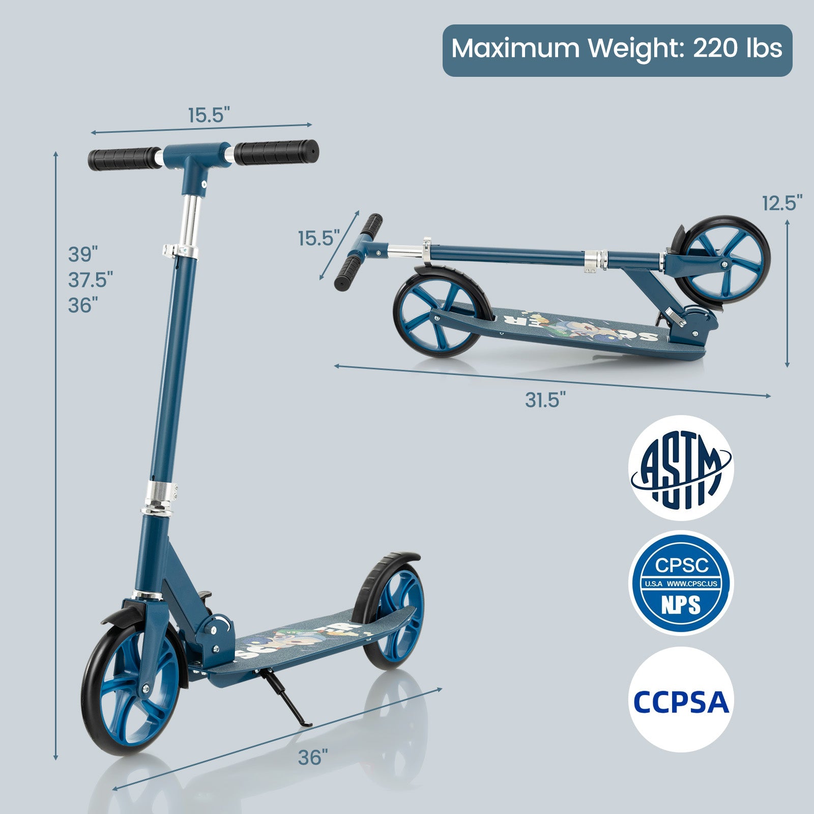 Folding Aluminum Alloy Scooter with 3 Adjustable Heights, Blue Scooters at Gallery Canada