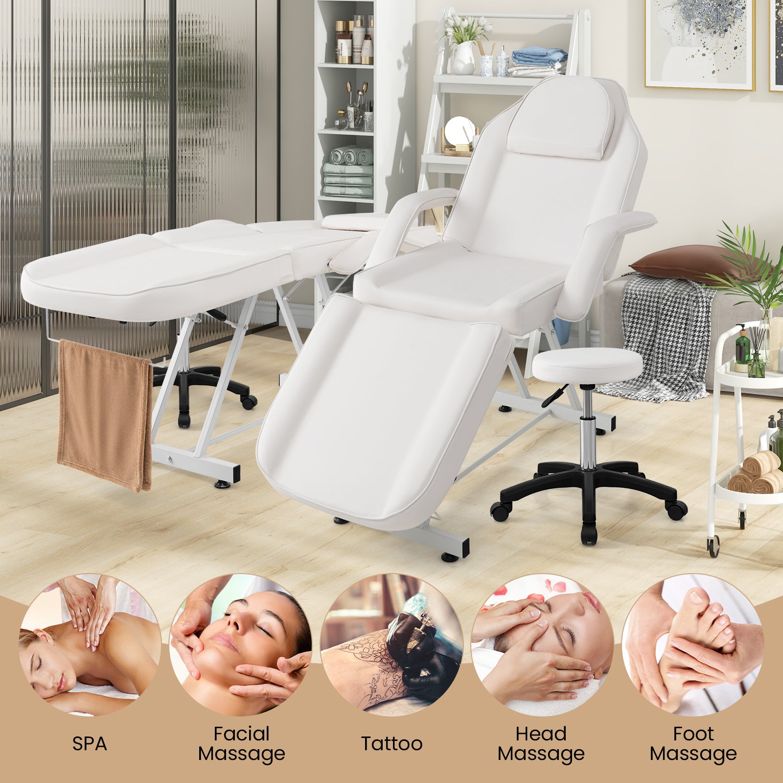 73 Inch Facial Chair Set with Removable Headrest Detachable Armrests and Towel Rack, White Spa & Salon at Gallery Canada