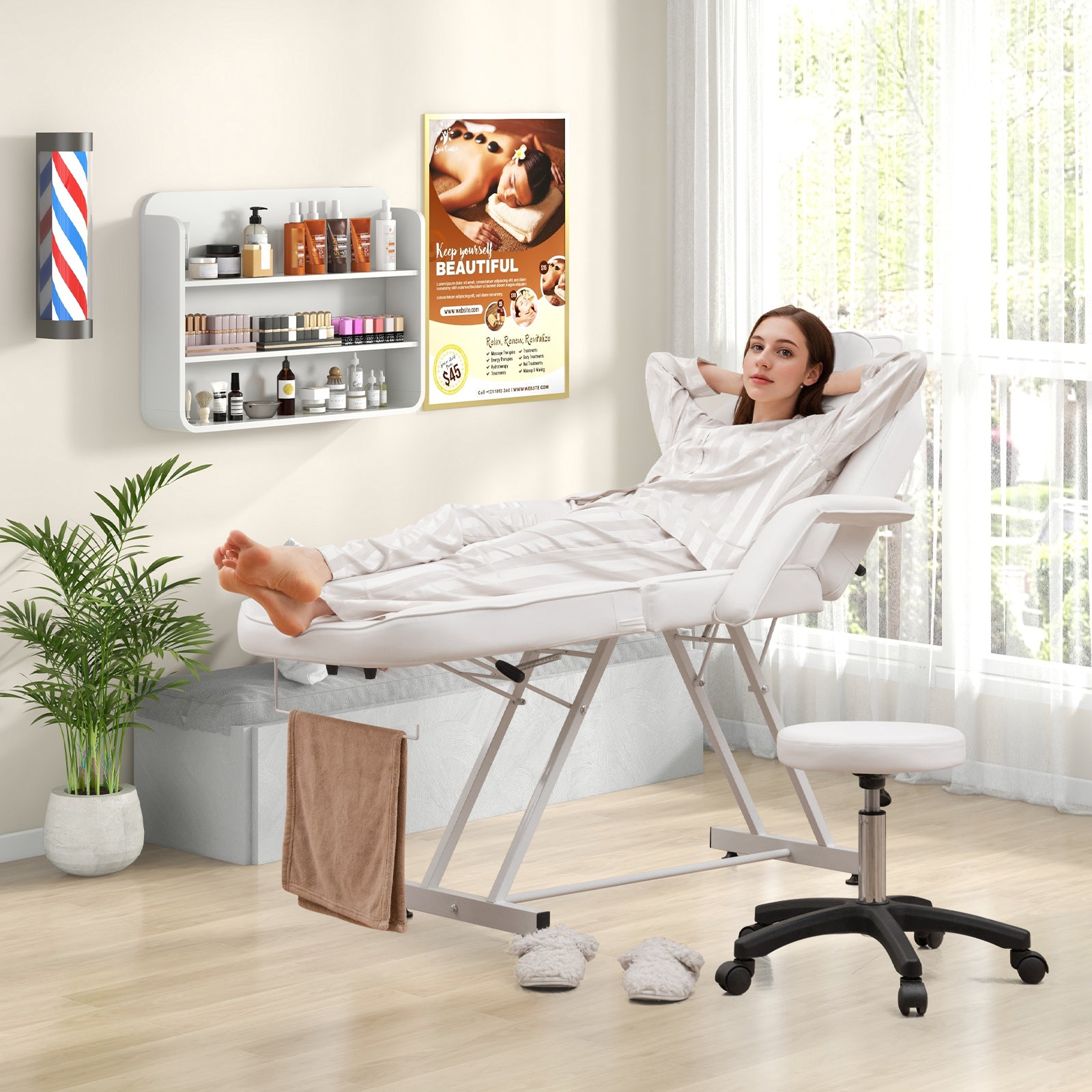 73 Inch Facial Chair Set with Removable Headrest Detachable Armrests and Towel Rack, White Spa & Salon at Gallery Canada