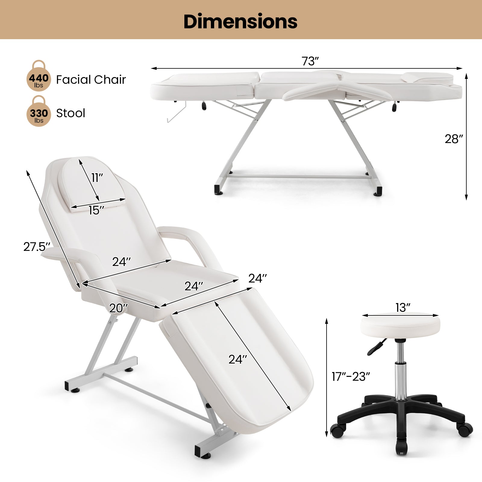 73 Inch Facial Chair Set with Removable Headrest Detachable Armrests and Towel Rack, White Spa & Salon at Gallery Canada