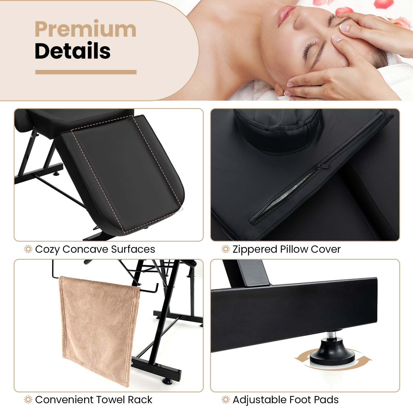 73 Inch Facial Chair Set with Removable Headrest Detachable Armrests and Towel Rack, Black Spa & Salon at Gallery Canada