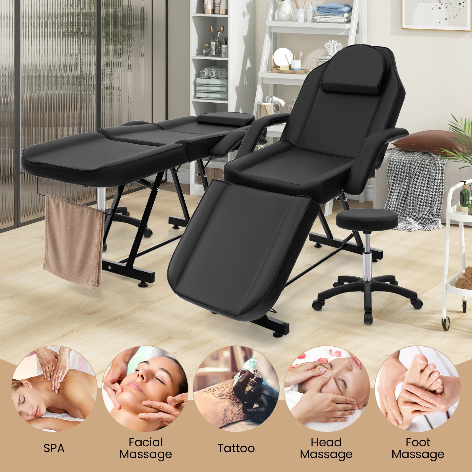 73 Inch Facial Chair Set with Removable Headrest Detachable Armrests and Towel Rack, Black Spa & Salon at Gallery Canada