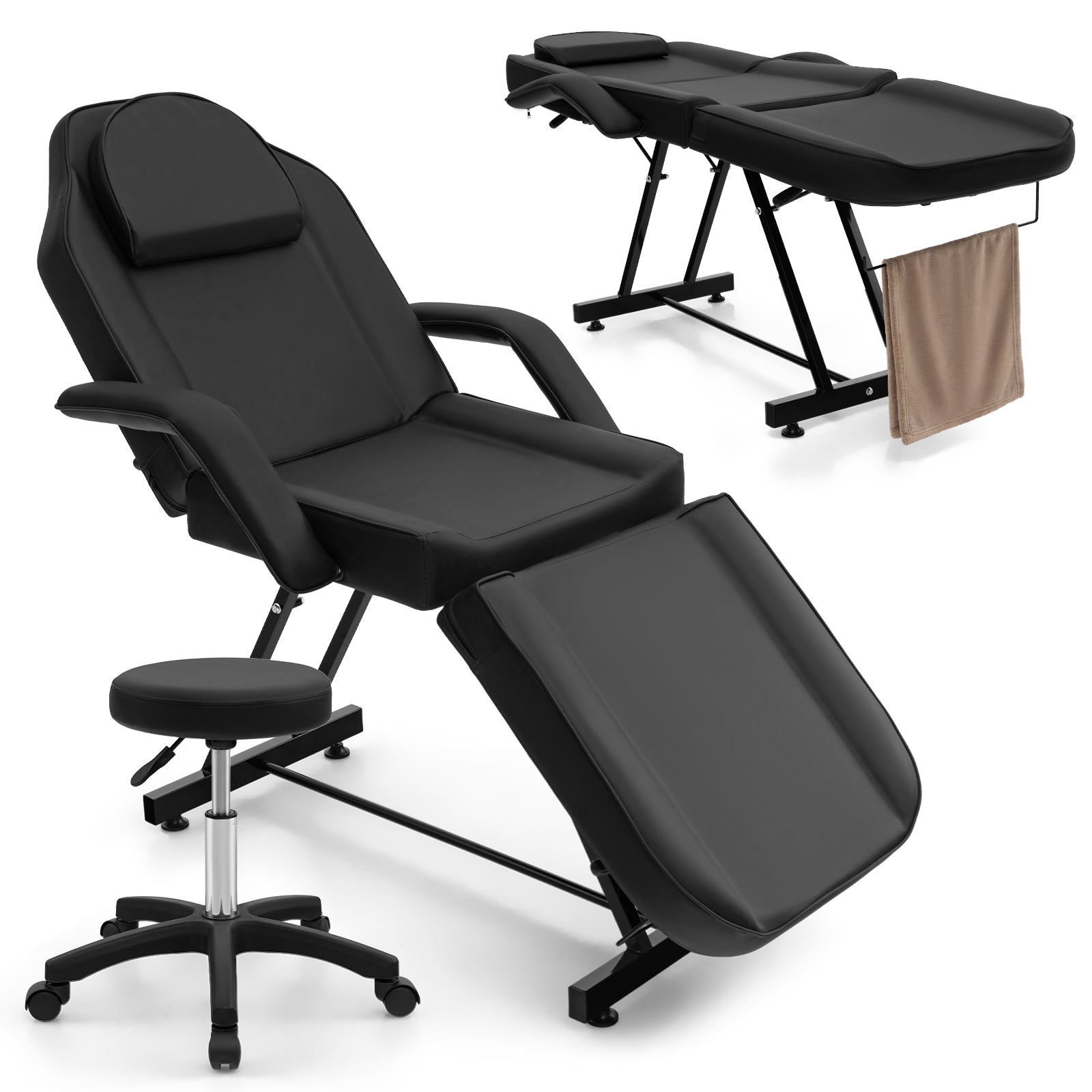73 Inch Facial Chair Set with Removable Headrest Detachable Armrests and Towel Rack, Black Spa & Salon Black at Gallery Canada