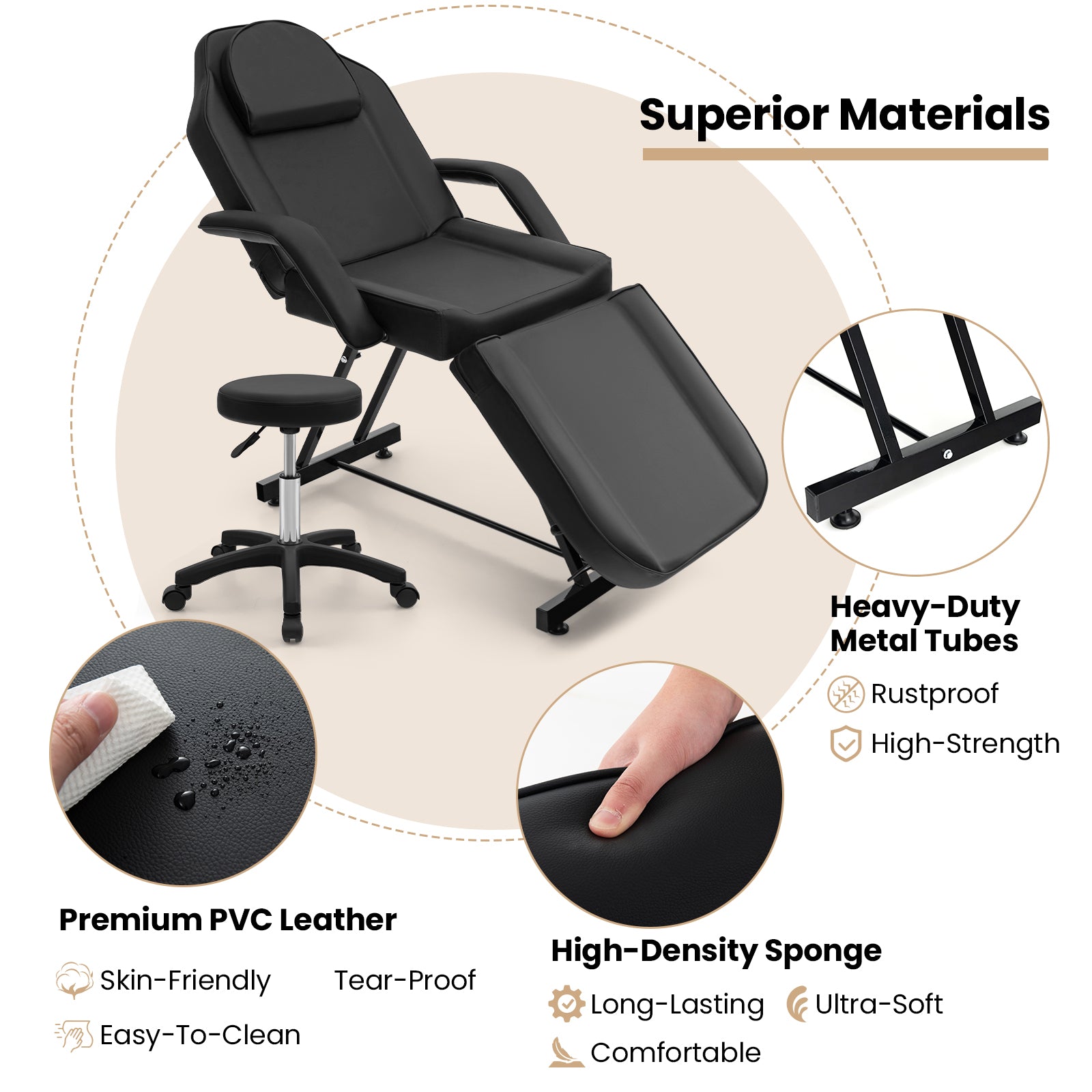 73 Inch Facial Chair Set with Removable Headrest Detachable Armrests and Towel Rack, Black Spa & Salon at Gallery Canada