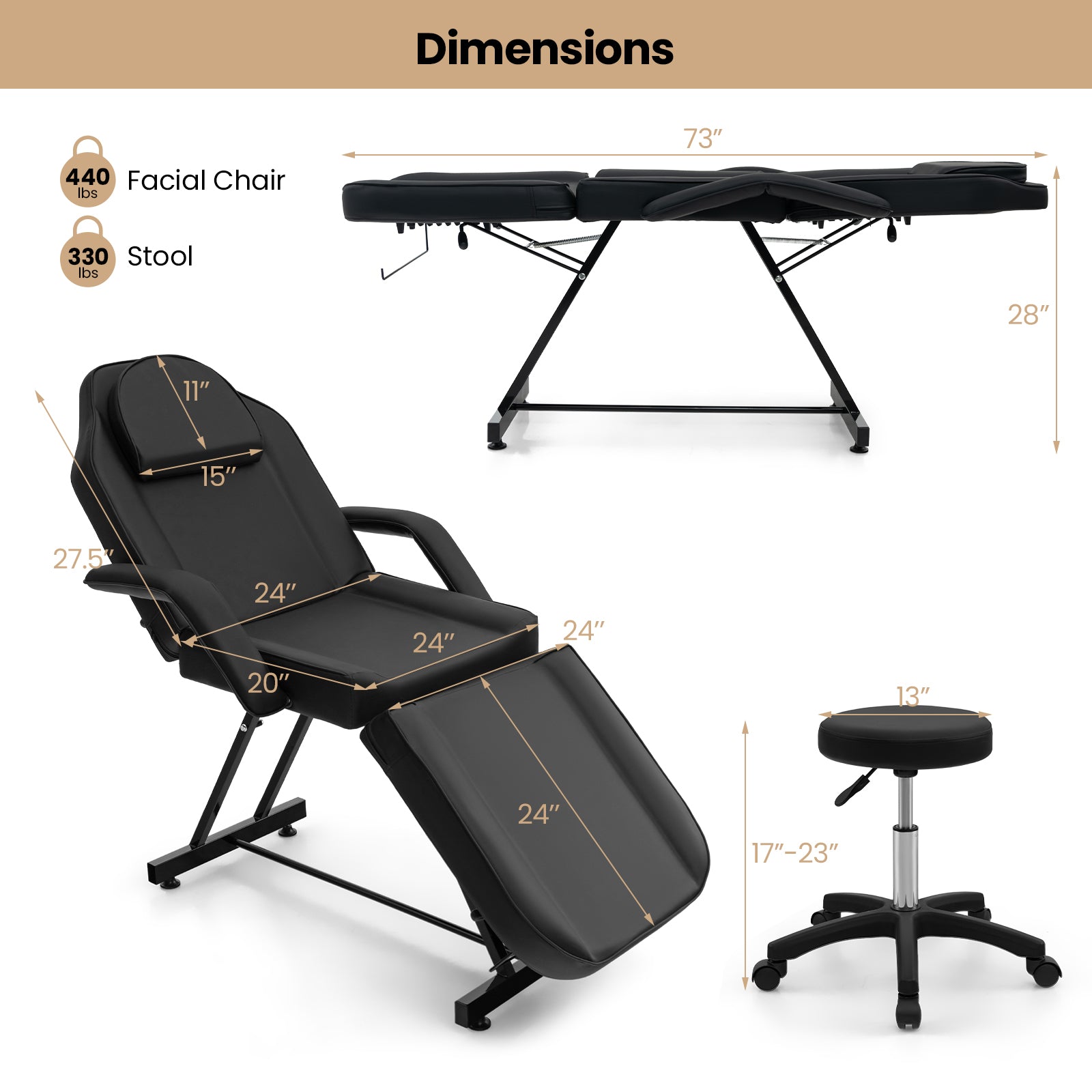 73 Inch Facial Chair Set with Removable Headrest Detachable Armrests and Towel Rack, Black Spa & Salon at Gallery Canada
