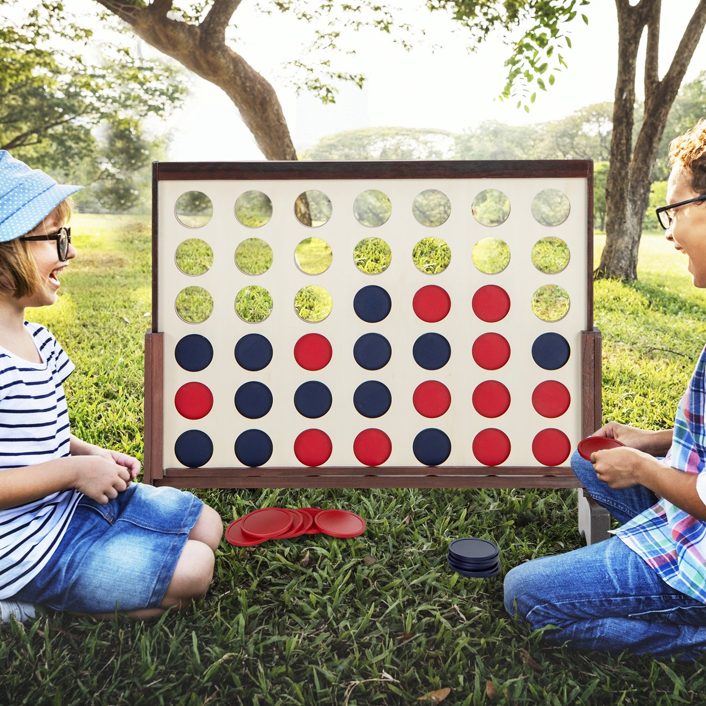 Wooden4-in-a-row Game Set with 42 PCS Chips and 600D Oxford Fabric Carrying Bag, Brown Lawn Games   at Gallery Canada