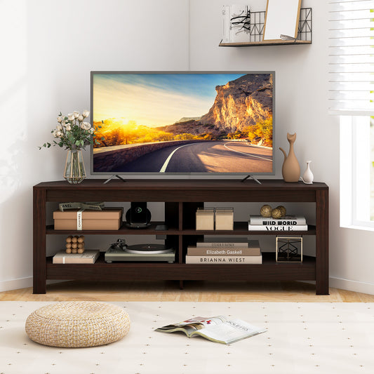 Corner TV Stand with Power Outlet and 4 Open Storage Shelves, Brown - Gallery Canada