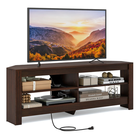 Corner TV Stand with Power Outlet and 4 Open Storage Shelves, Brown - Gallery Canada