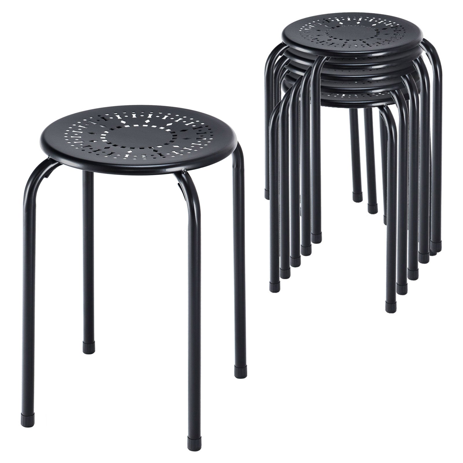 Set of 6 Stackable Multifunctional Daisy Design Backless Round Metal Stool Set, Black Dining Chairs at Gallery Canada
