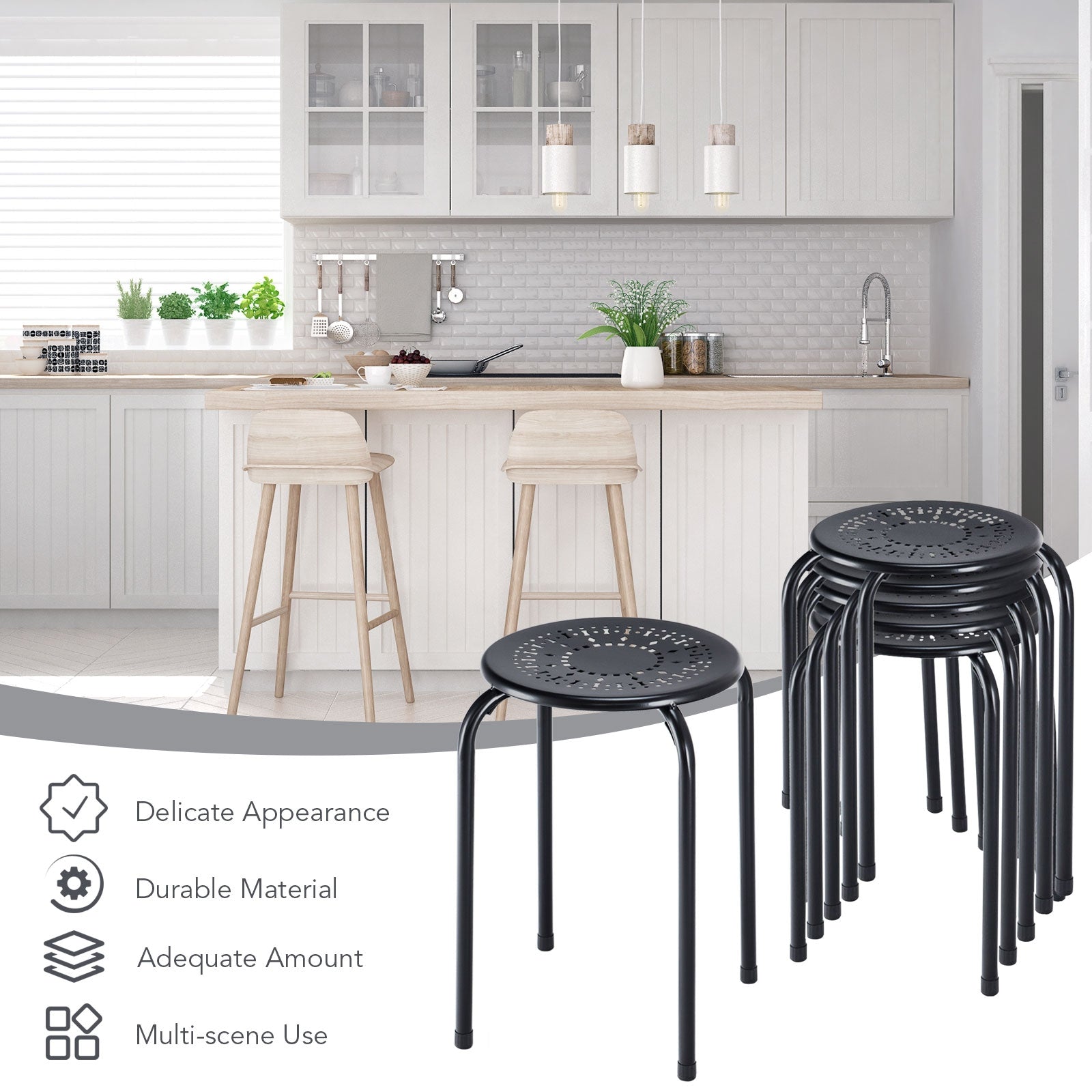 Set of 6 Stackable Multifunctional Daisy Design Backless Round Metal Stool Set, Black Dining Chairs at Gallery Canada