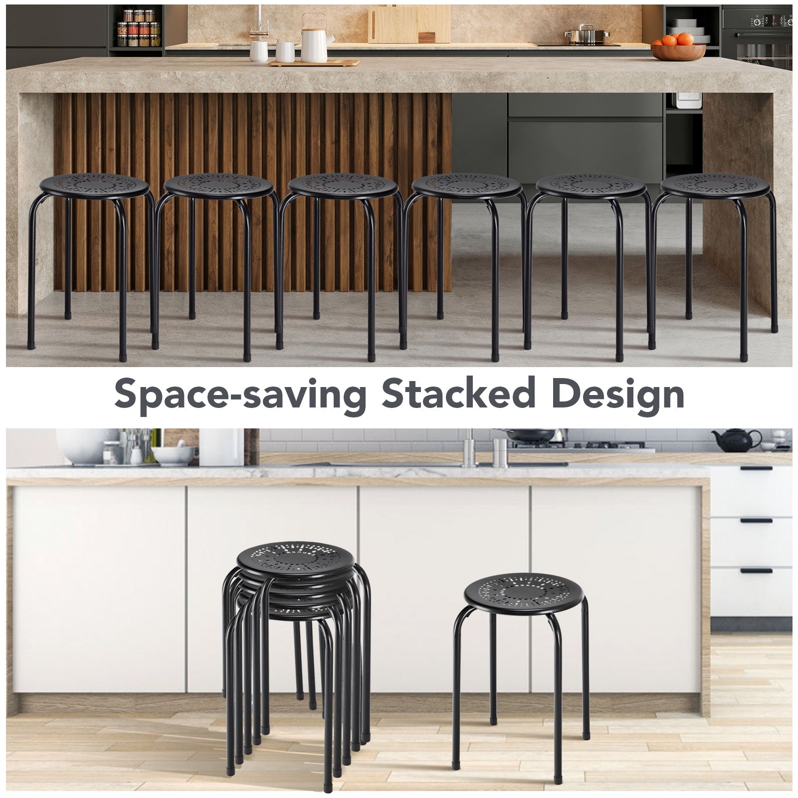 Set of 6 Stackable Multifunctional Daisy Design Backless Round Metal Stool Set, Black Dining Chairs at Gallery Canada