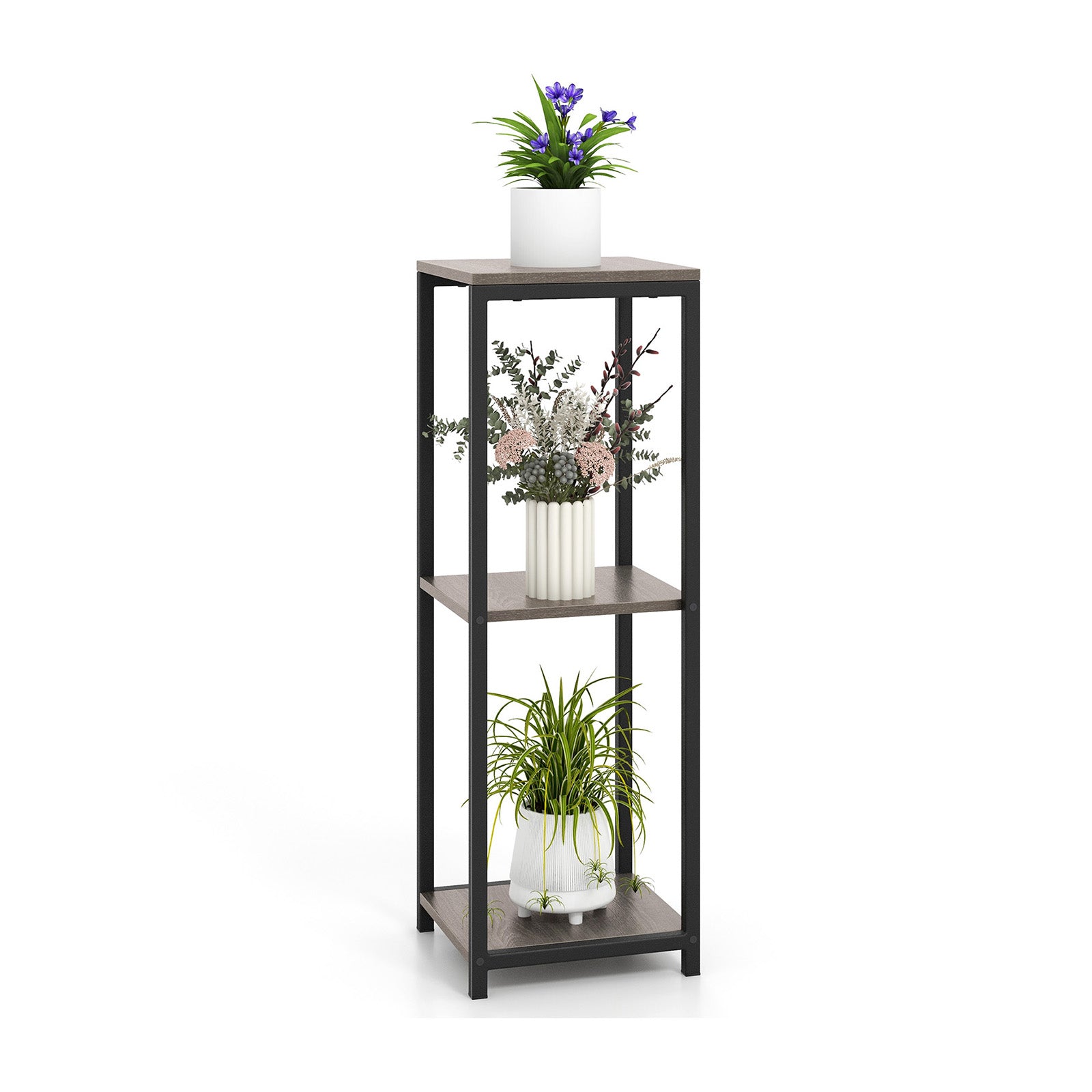 3-Tier Tall Metal Plant Stand Corner Plant Holder with Anti-tipping Device, Black & Gray